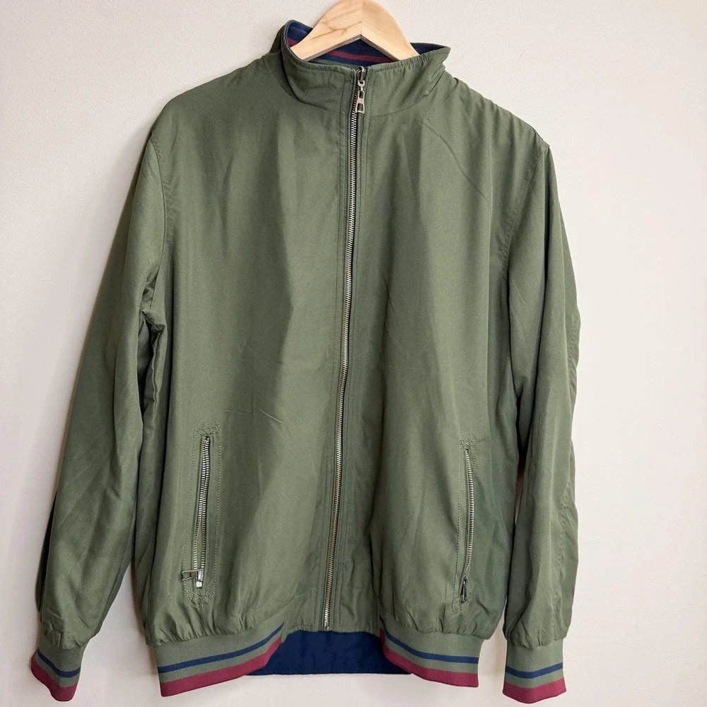 men's navy blue and olive green reversible bomber jacket SZ-M‎ gold tone zipper